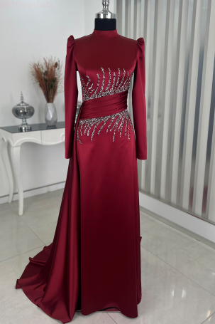 Tail Detail Stone Look Satin Evening Dress - Burgundy - 4