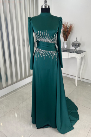 Tail Detail Stone Look Satin Evening Dress - Emerald - 1