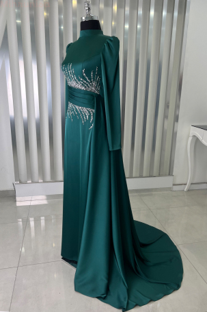 Tail Detail Stone Look Satin Evening Dress - Emerald - 2