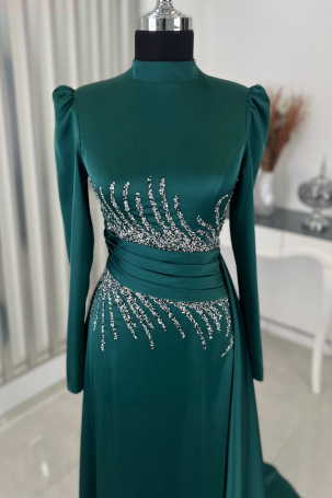 Tail Detail Stone Look Satin Evening Dress - Emerald - 3