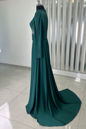 Tail Detail Stone Look Satin Evening Dress - Emerald - 4