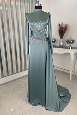 Tail Detail Stone Look Satin Formal Dress - Mint 