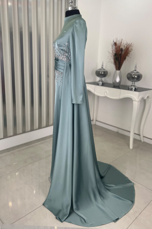 Tail Detail Stone Look Satin Formal Dress - Mint - 2