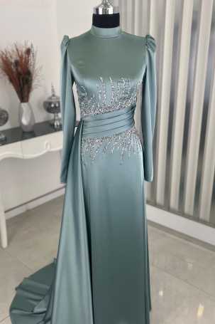 Tail Detail Stone Look Satin Formal Dress - Mint - 4