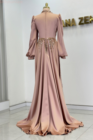 Taş Ve Drape Detaylı Pelerin Kuyruklu İncilay Abiye - Rose - 2