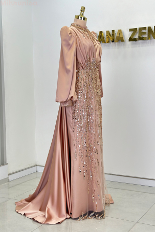 Taş Ve Drape Detaylı Pelerin Kuyruklu İncilay Abiye - Rose - 4