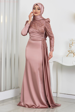 Taşlı Pul Nakışlı Kuyruklu Saten Rosa Abiye - Bronz - Rana Zenn