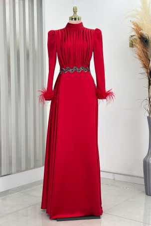 Vera Satin Evening Dress with Embroidered Waist and Feather Detail on Sleeve Ends - Red - Rana Zenn