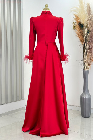 Vera Satin Evening Dress with Embroidered Waist and Feather Detail on Sleeve Ends - Red - 2