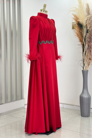 Vera Satin Evening Dress with Embroidered Waist and Feather Detail on Sleeve Ends - Red - 4