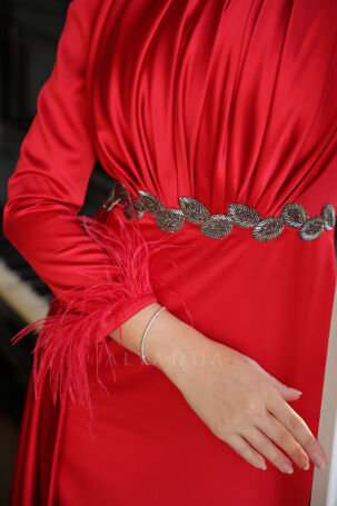 Vera Satin Evening Dress with Embroidered Waist and Feather Detail on Sleeve Ends - Red - 6