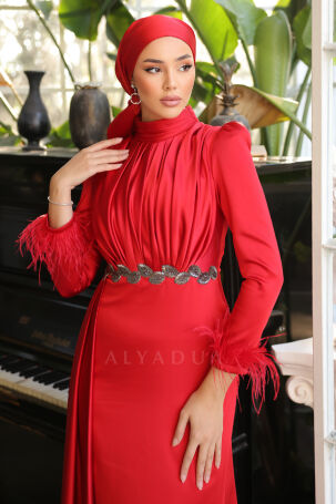 Vera Satin Evening Dress with Embroidered Waist and Feather Detail on Sleeve Ends - Red - 3