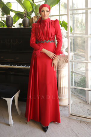 Vera Satin Evening Dress with Embroidered Waist and Feather Detail on Sleeve Ends - Red 